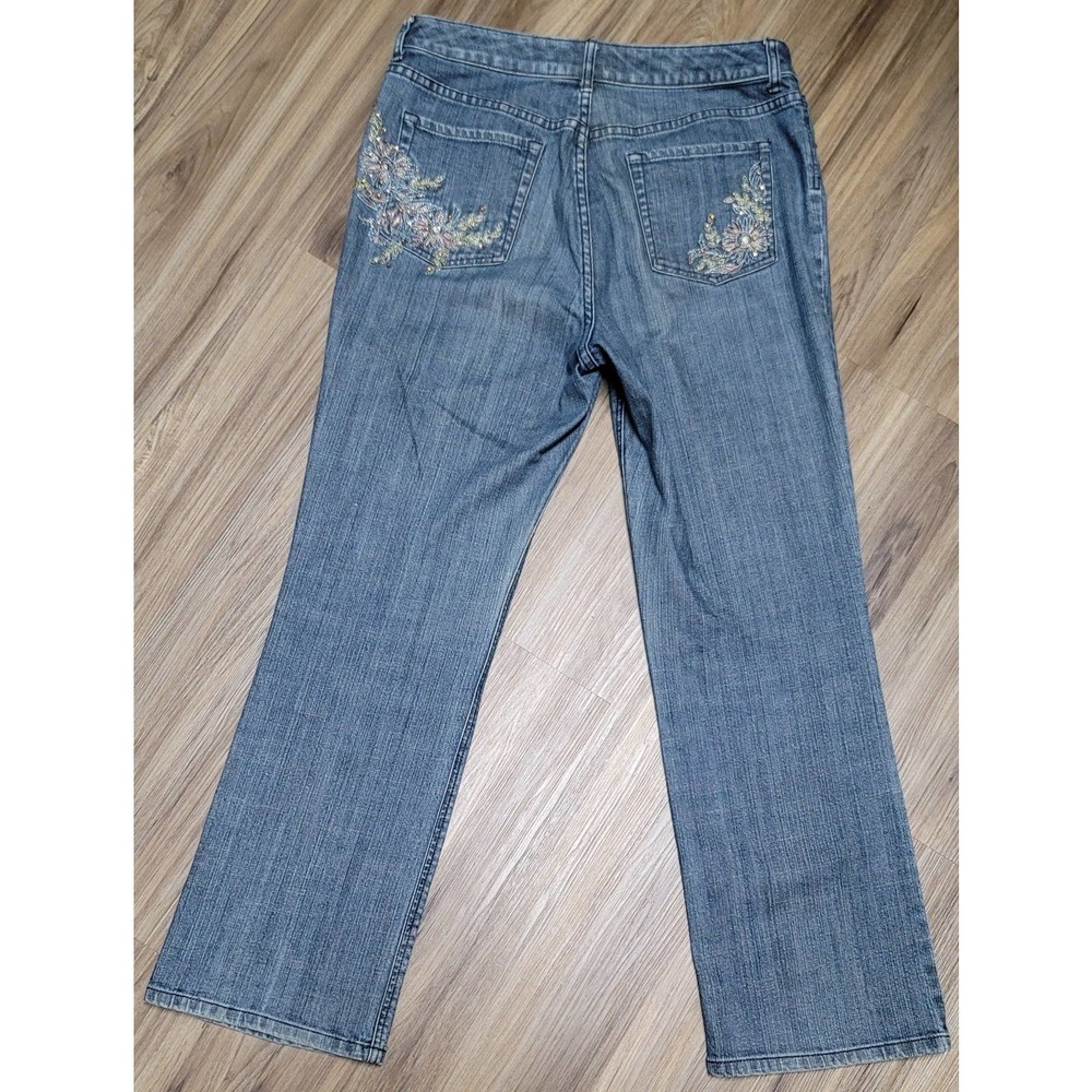 Chico's Platinum Denim Jeans Pants Floral Embroidered Studded